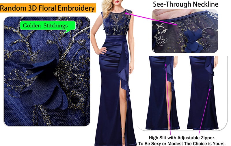 VFSHOW Womens Blue Floral Embroidered Formal Ruched Ruffles High Split Evening Gown Prom Wedding Party Maxi Long Dress 3708 BLU L - Image 5